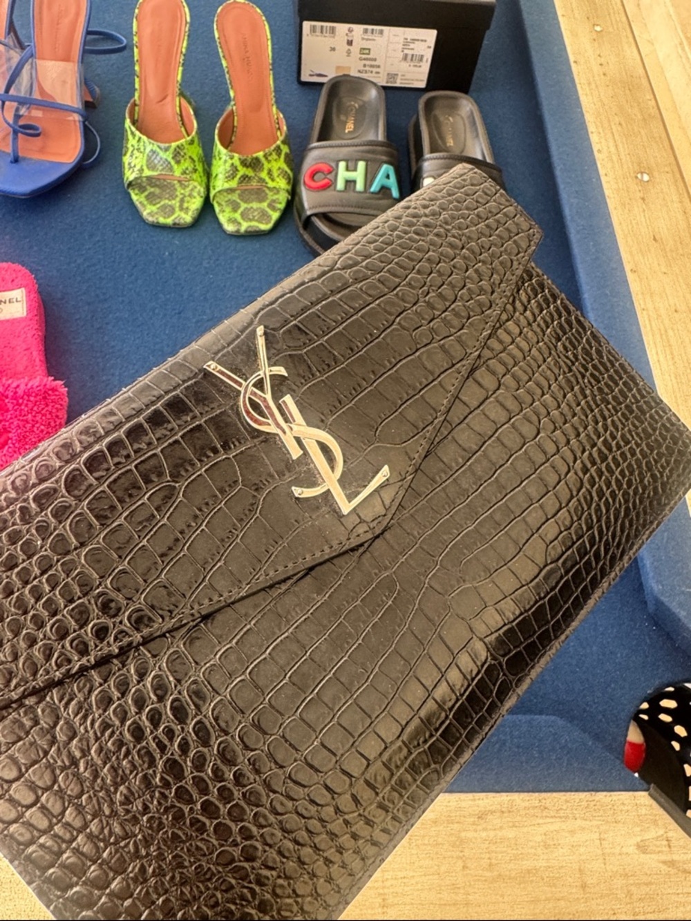 Saint Laurent Black Croc-Embossed Envelope Clutch with Magnetic Closure - Picture 3 of 4